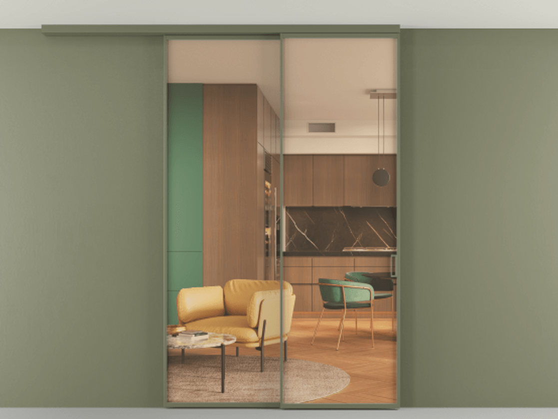 Перегородка Formato вдоль стены на потолок телескопик синхро 2 АЛПР 040.01 Алюминий оливковый тёмный Прозрачное оранжевое стекло, триплекс Цена 14400 Br | Volhovec