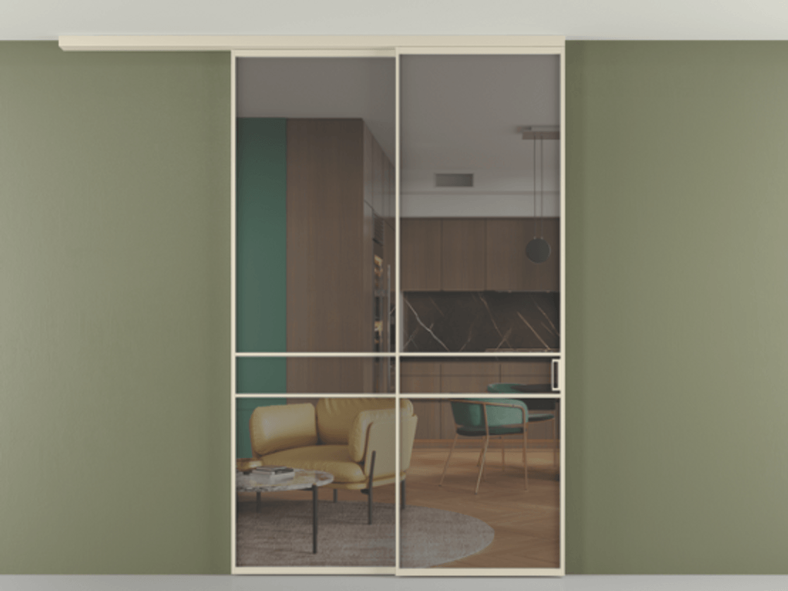 Перегородка Формато вдоль стены на потолок 2 створки с синхронным механизмом АЛПР 040.02 Алюминий бежево-серый Прозрачное серое стекло, триплекс Цена 16630 Br | Volhovec