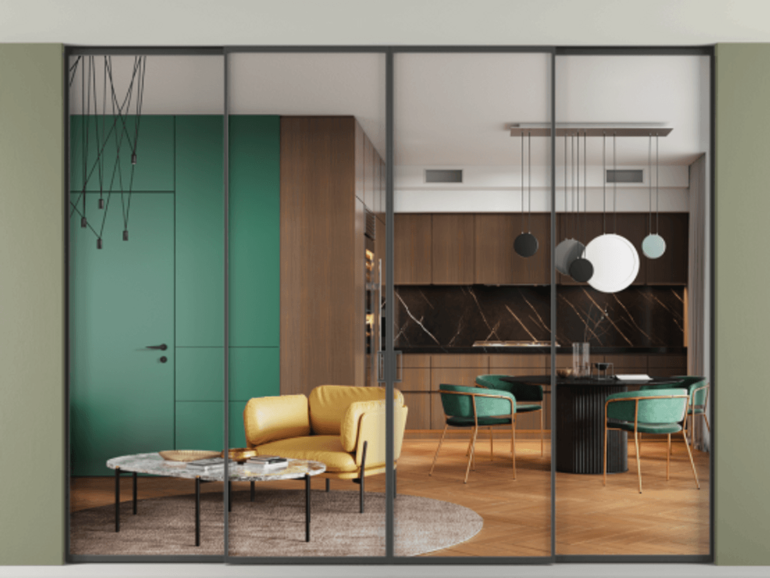 New Перегородка Formato внутри проёма скрытое крепление в потолок 4 створки АЛПР 040.01  Прозрачное стекло "Кристал Вижн", калёное Цена 33350 Br | Volhovec