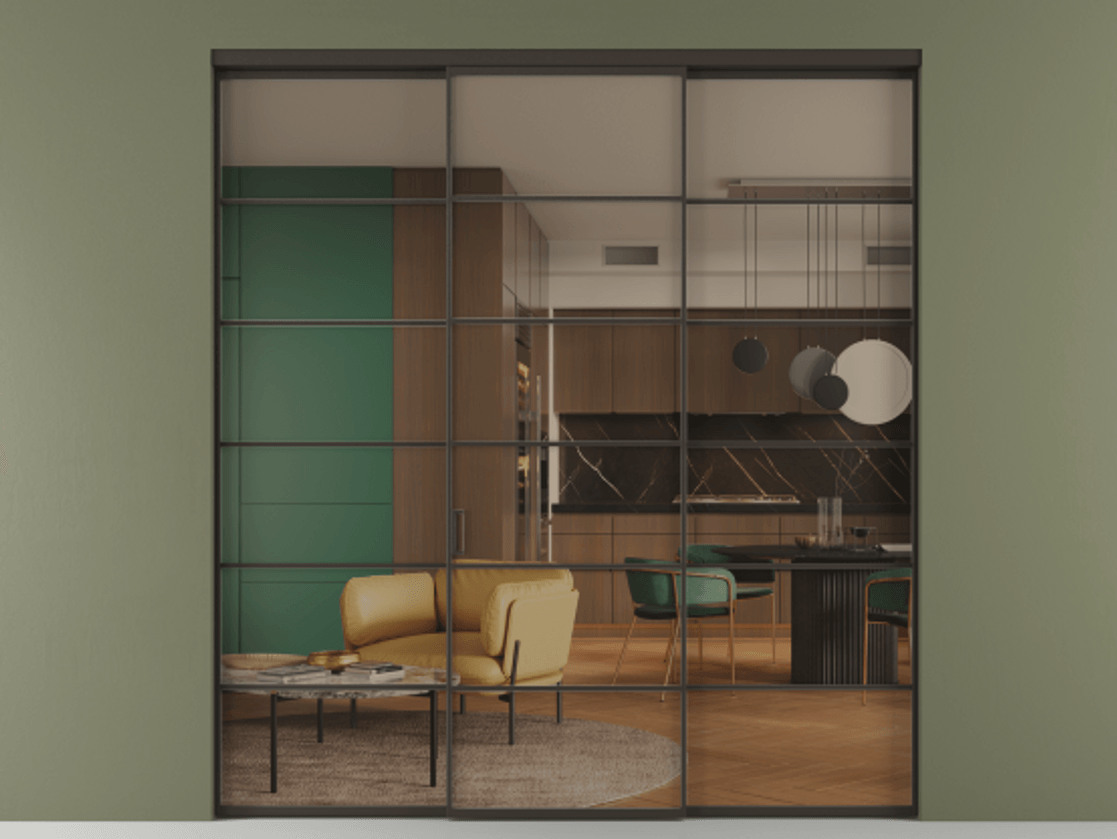 Перегородка Formato внутри проёма 3 створки АЛПР 040.04 Алюминий антрацит Прозрачное бронзовое стекло, триплекс Цена 14290 Br | Volhovec