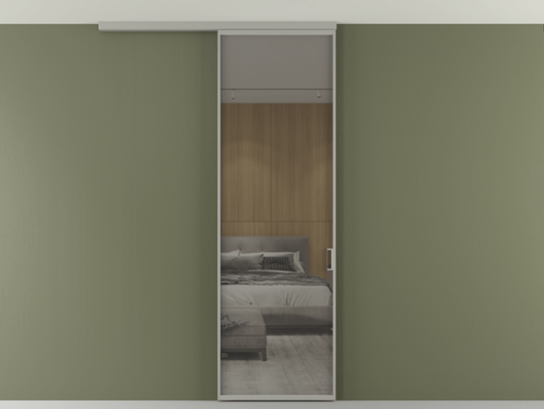 Перегородка Formato вдоль стены на потолок 1 створка АЛПР 040.01 Алюминий нейтральный серый Рефлективное серое стекло "Stopsol", калёное Цена 6390 Br | Volhovec