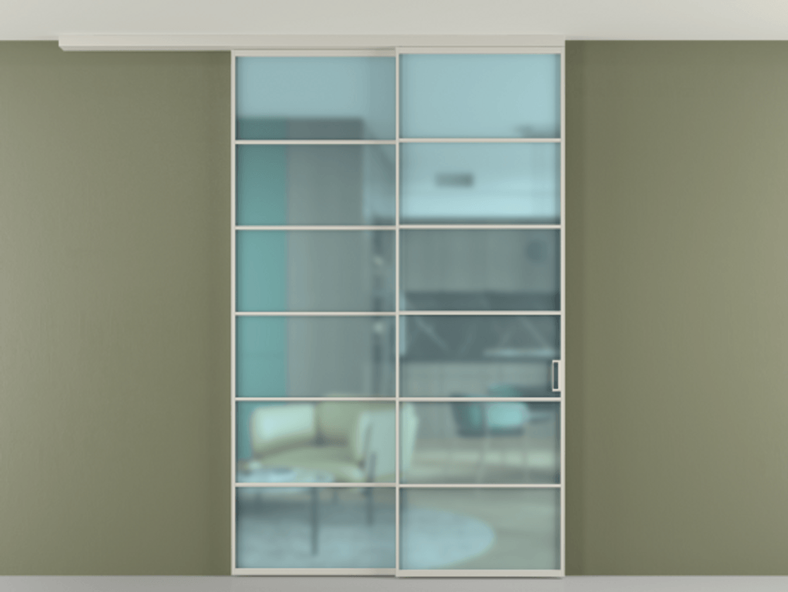 Перегородка Formato вдоль стены на потолок 2 створки с синхронным механизмом АЛПР 040.04 Алюминий тёплый серый Сатинированное голубое стекло, триплекс Цена 15600 Br | Volhovec