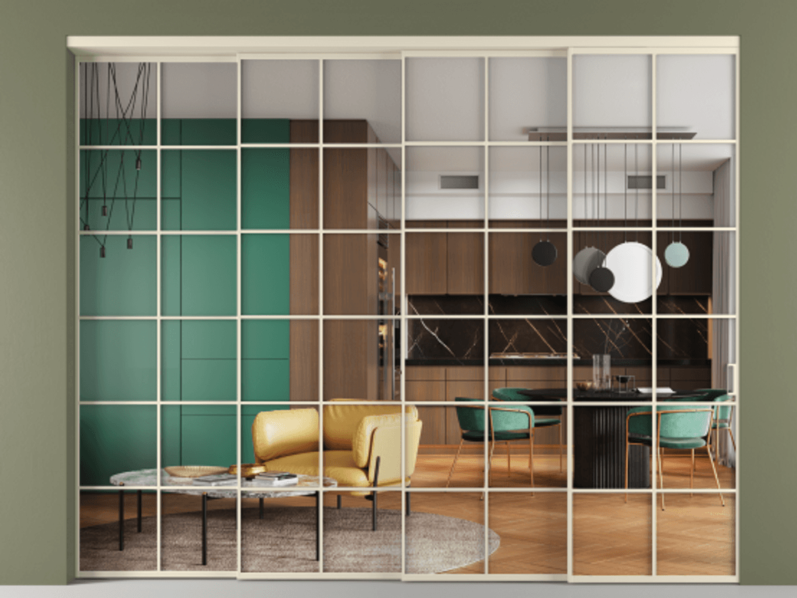 Перегородка Формато внутри проёма 4 створки с синхронным механизмом АЛПР 040.05 Алюминий бежево-серый Прозрачное стекло "Кристал Вижн", калёное. Цена 31390 Br 1. Полотно 4 шт. (800/2100 мм)
2. Комплект установки раздвижной системы
3. Базовый комплект фурнитуры
4. Комплект фурнитуры телескопик синхро-3
5. Ручка RONDO
. Фабрика дверей Волховец 8 (800) 551 43 19 Перегородка Формато внутри проёма 4 створки с синхронным механизмом АЛПР 040.05 Алюминий бежево-серый Прозрачное стекло "Кристал Вижн", калёное Цена 31390 Br | Volhovec