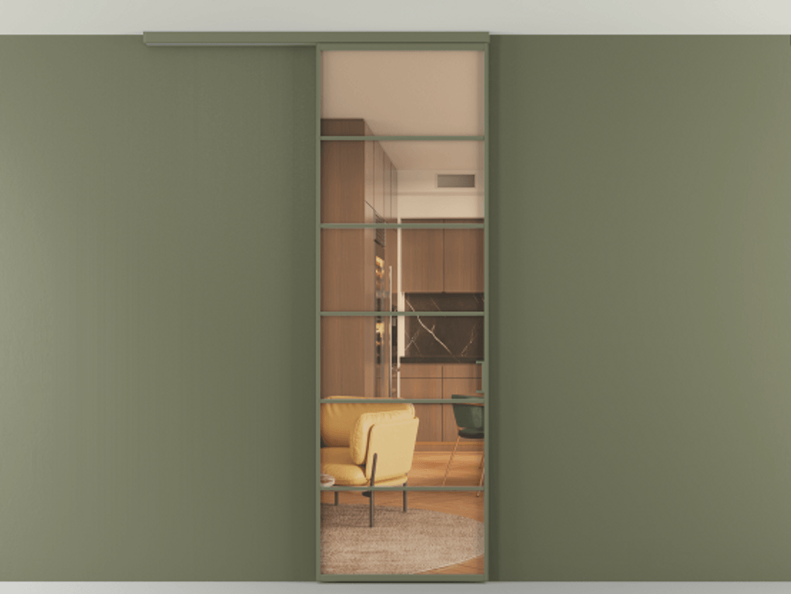 Перегородка Формато вдоль стены на потолок 1 створка АЛПР 040.04 Алюминий оливковый тёмный Прозрачное оранжевое стекло, триплекс Цена 5800 Br | Volhovec