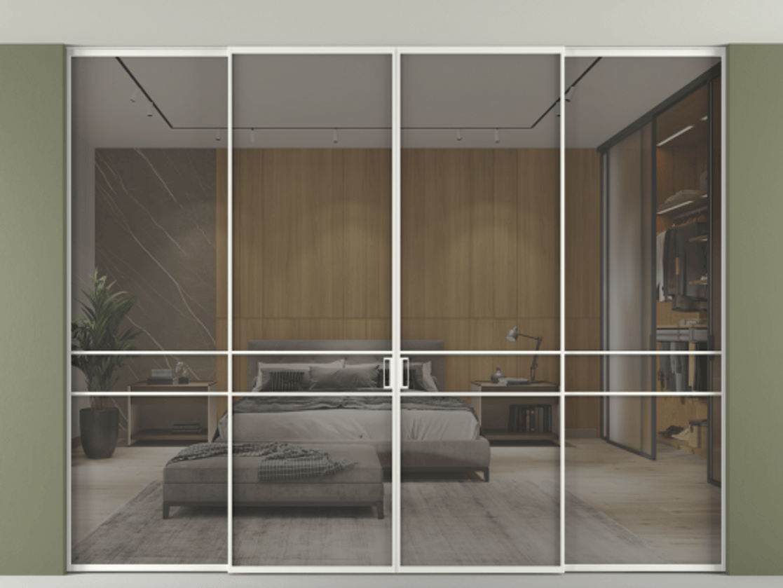 Перегородка Formato внутри проёма скрытое крепление в потолок 4 створки АЛПР 040.02 Алюминий светло-серый Рефлективное серое стекло "Stopsol", калёное Цена 29680 Br | Volhovec