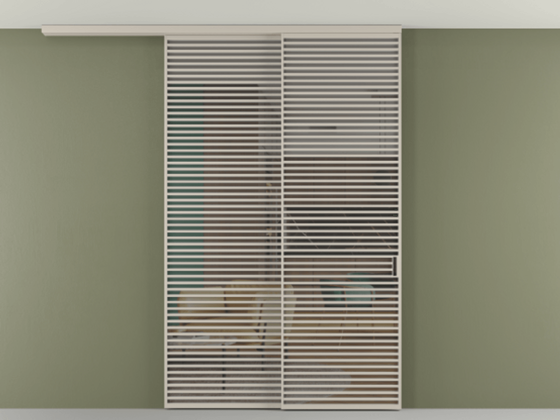 Перегородка Формато вдоль стены на потолок 2 створки с синхронным механизмом АЛПР 040.07 Алюминий светло-бежевый Прозрачное серое стекло, триплекс Цена 23070 Br | Volhovec