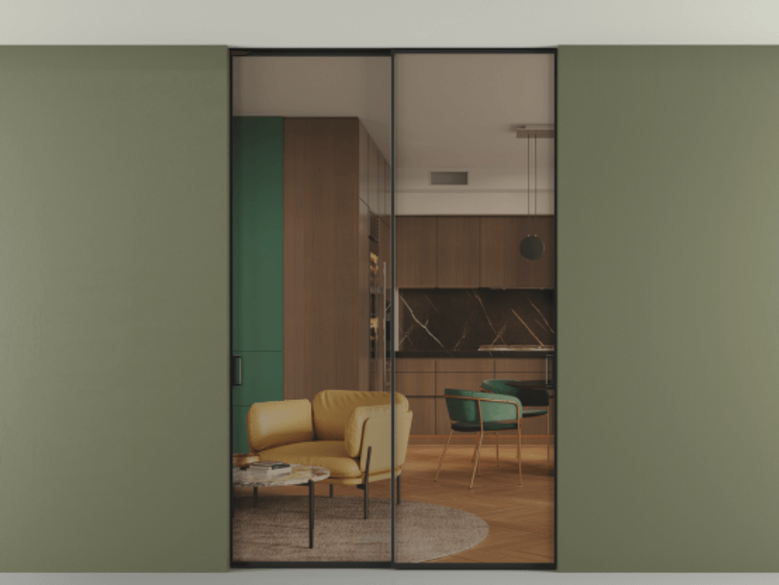 Перегородка Formato внутри проёма скрытое крепление в потолок 2 створки АЛПР 040.01 Алюминий Черный Прозрачное бронзовое стекло, триплекс Цена 12880 Br | Volhovec