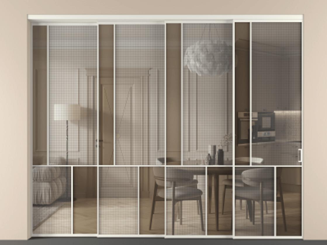Перегородка Mosaic внутри проема телескопик синхро-4 АЛПР 041.20 Алюминий Белый Mesh silver + Бронза прозрачное триплекс Цена 29010 Br | Volhovec