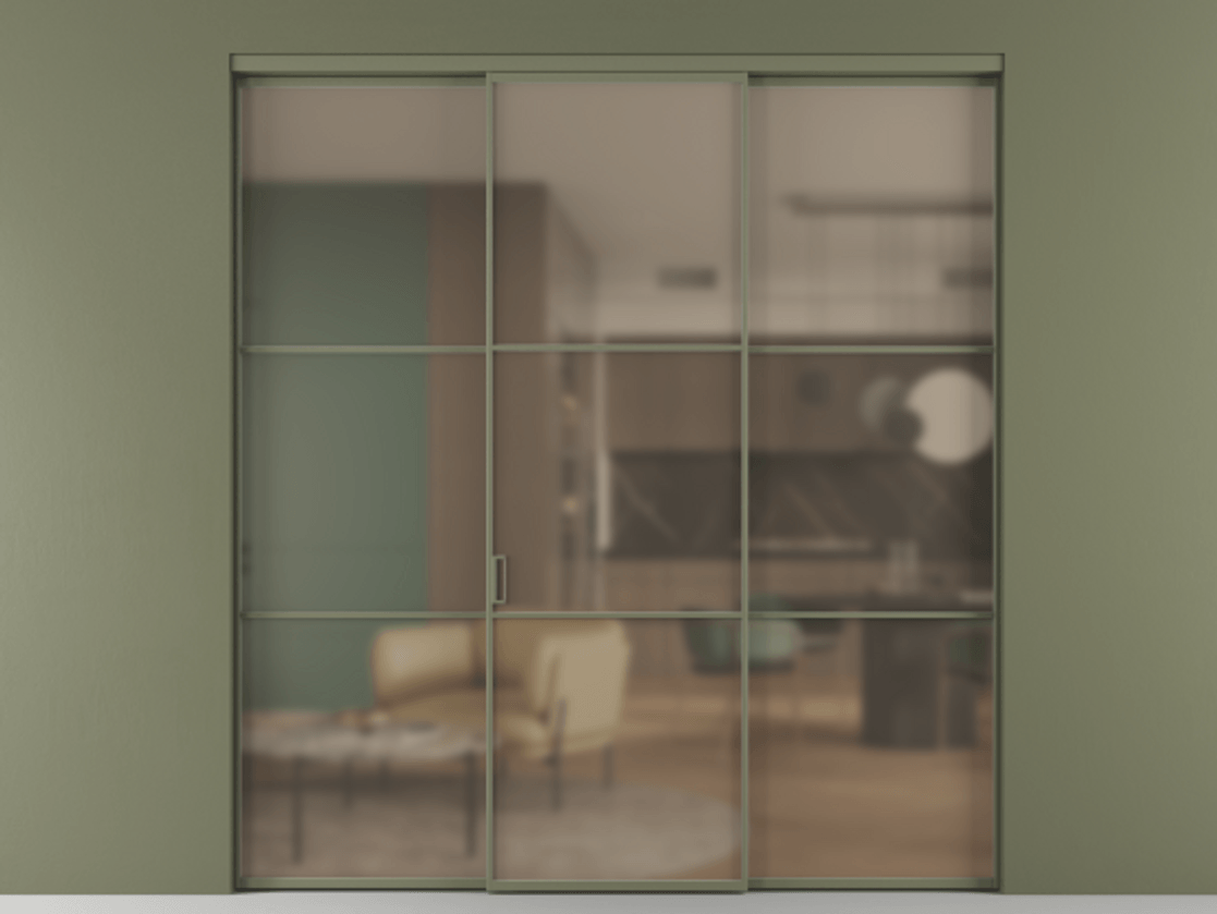 Перегородка Formato внутри проёма 3 створки АЛПР 040.03 Алюминий оливковый тёмный Сатинированное бронзовое стекло, триплекс Цена 13290 Br | Volhovec