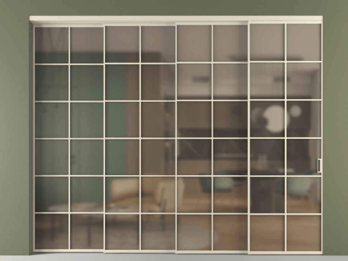 Перегородка Формато внутри проёма 4 створки с синхронным механизмом АЛПР 040.05 Алюминий бежево-серый Сатинированное бронзовое стекло, триплекс. Цена 26130 Br 1. Полотно 4 шт. (800/2100 мм)
2. Комплект установки раздвижной системы
3. Базовый комплект фурнитуры
4. Комплект фурнитуры телескопик синхро-3
5. Ручка Рондо. Фабрика дверей Волховец 8 (800) 551 43 19 Перегородка Формато внутри проёма 4 створки с синхронным механизмом АЛПР 040.05 Алюминий бежево-серый Сатинированное бронзовое стекло, триплекс Цена 26130 Br | Volhovec