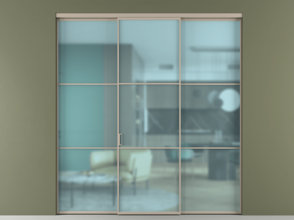 Перегородка Formato внутри проёма 3 створки АЛПР 040.03 Алюминий бисквитный Сатинированное голубое стекло, триплекс Цена 12700 Br | Volhovec