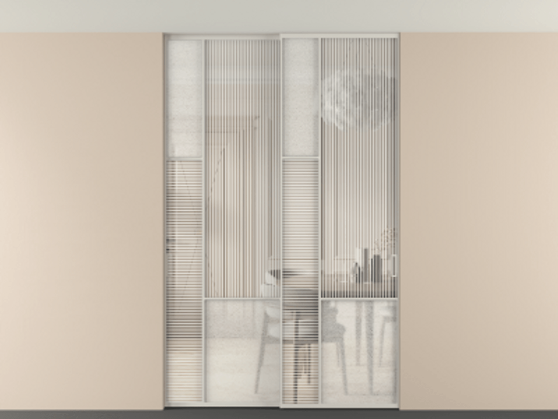 Перегородка Мозаик внутри проёма скрытое крепление в потолок 2 створки АЛПР 041.13 Алюминий тёплый серый Рифлёное стекло "Дюна", триплекс, 6 мм + Фактурное стекло "Лёд", триплекс. Цена 18210 Br . Фабрика дверей Волховец 8 (800) 551 43 19 Перегородка Мозаик внутри проёма скрытое крепление в потолок 2 створки АЛПР 041.13 Алюминий тёплый серый Рифлёное стекло "Дюна", триплекс, 6 мм + Фактурное стекло "Лёд", триплекс Цена 18210 Br | Volhovec