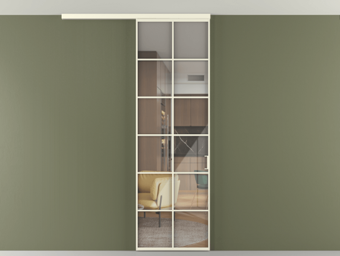 Перегородка Формато вдоль стены на потолок 1 створка АЛПР 040.05 Алюминий молочно-белый Рефлективное прозрачное стекло "Стопсол", калёное Цена 7170 Br | Volhovec