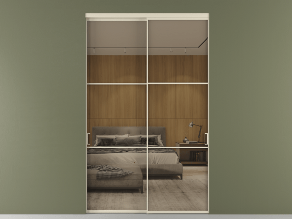 Перегородка Формато внутри проёма 2 створки АЛПР 040.03 Алюминий бежево-серый Рефлективное бронзовое стекло "Стопсол", калёное Цена 25570 Br  | Volhovec