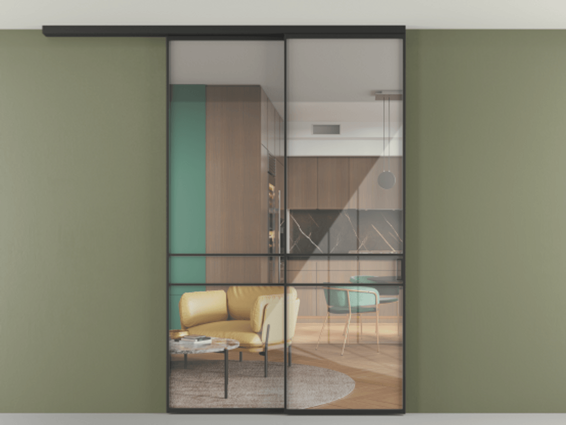 Перегородка Формато вдоль стены на потолок 2 створки с синхронным механизмом АЛПР 040.02 Алюминий Черный Рефлективное прозрачное стекло "Стопсол", калёное Цена 16690 Br | Volhovec