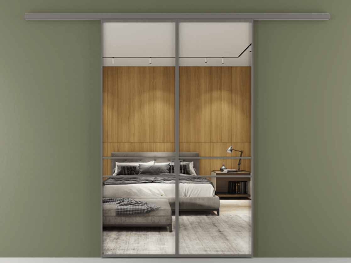 Перегородка Формато вдоль стены 2 створки АЛПР 040.02 Алюминий классический серый Двустороннее зеркало, триплекс , триплекс 6 мм Цена 10450 Br | Volhovec