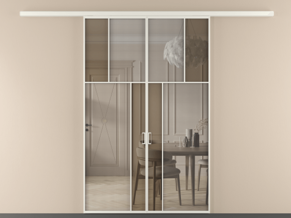 Перегородка Mosaic вдоль стены двустворчатая АЛПР 041.22 Алюминий Белый Mesh silver + Бронза прозрачное триплекс Цена 13450 Br | Volhovec