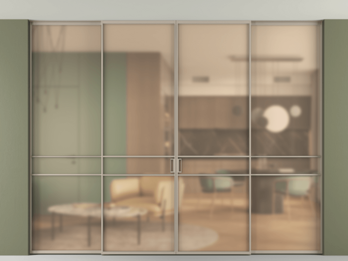 Перегородка Formato внутри проёма скрытое крепление в потолок 4 створки АЛПР 040.02 Алюминий бисквитный Сатинированное оранжевое стекло, триплекс Цена 24400 Br | Volhovec