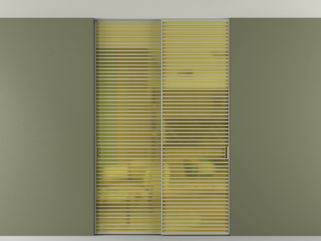 Перегородка Формато внутри проёма скрытое крепление в потолок 2 створки АЛПР 040.07 Алюминий нейтральный серый Сатинированное жёлтое стекло, триплекс Цена 21900 Br | Volhovec