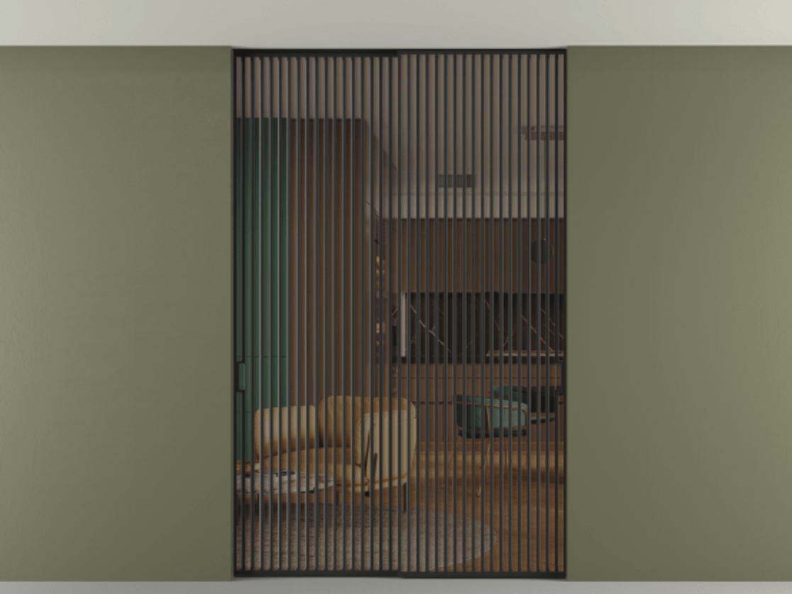 Перегородка Formato внутри проёма скрытое крепление в потолок 2 створки АЛПР 040.06 Алюминий Черный Прозрачное бронзовое стекло, триплекс Цена 22150 Br | Volhovec