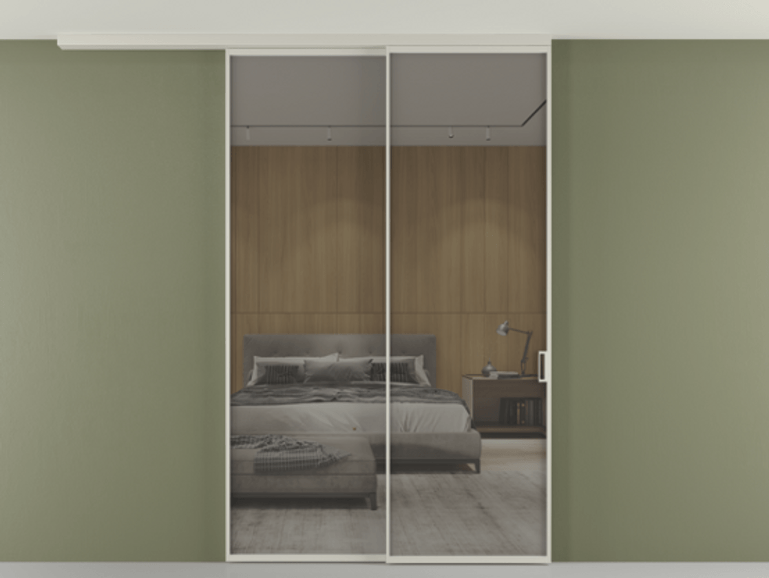 Перегородка Формато вдоль стены на потолок 2 створки с синхронным механизмом АЛПР 040.01 Алюминий тёплый серый Рефлективное серое стекло "Стопсол", калёное Цена 16850 Br | Volhovec