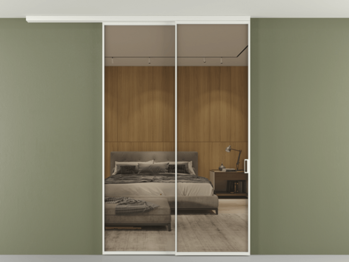 Перегородка Формато вдоль стены на потолок 2 створки с синхронным механизмом АЛПР 040.01 Алюминий светло-серый Рефлективное бронзовое стекло "Стопсол", калёное Цена 16850 Br | Volhovec