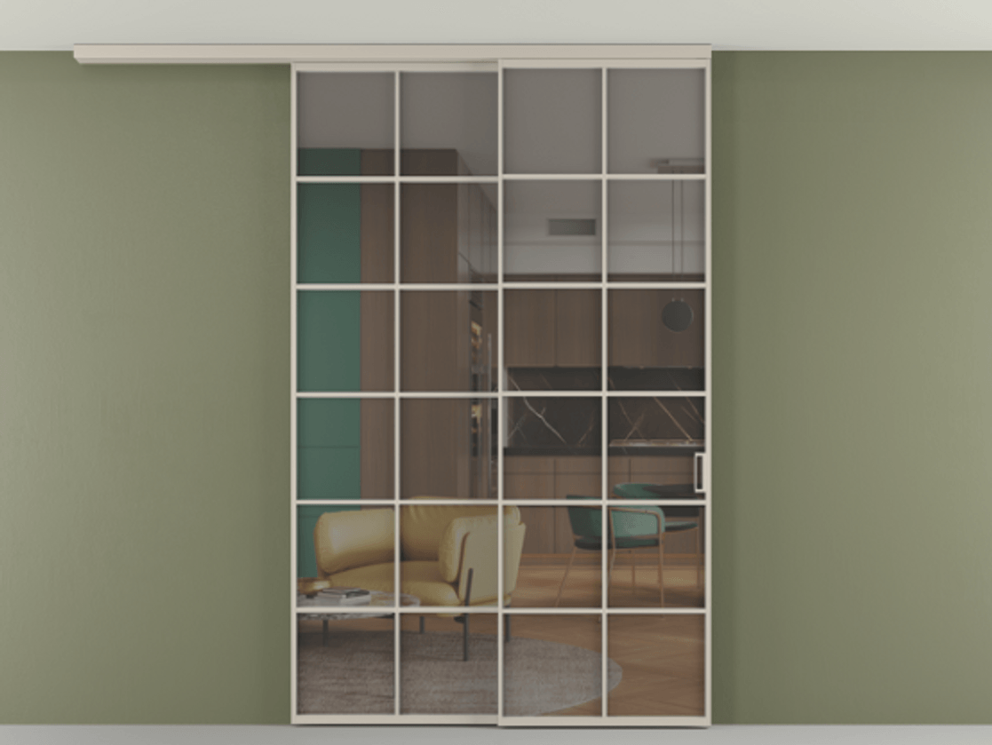 Перегородка Формато вдоль стены на потолок 2 створки с синхронным механизмом АЛПР 040.05 Алюминий светло-бежевый Прозрачное серое стекло, триплекс Цена 15110 Br | Volhovec