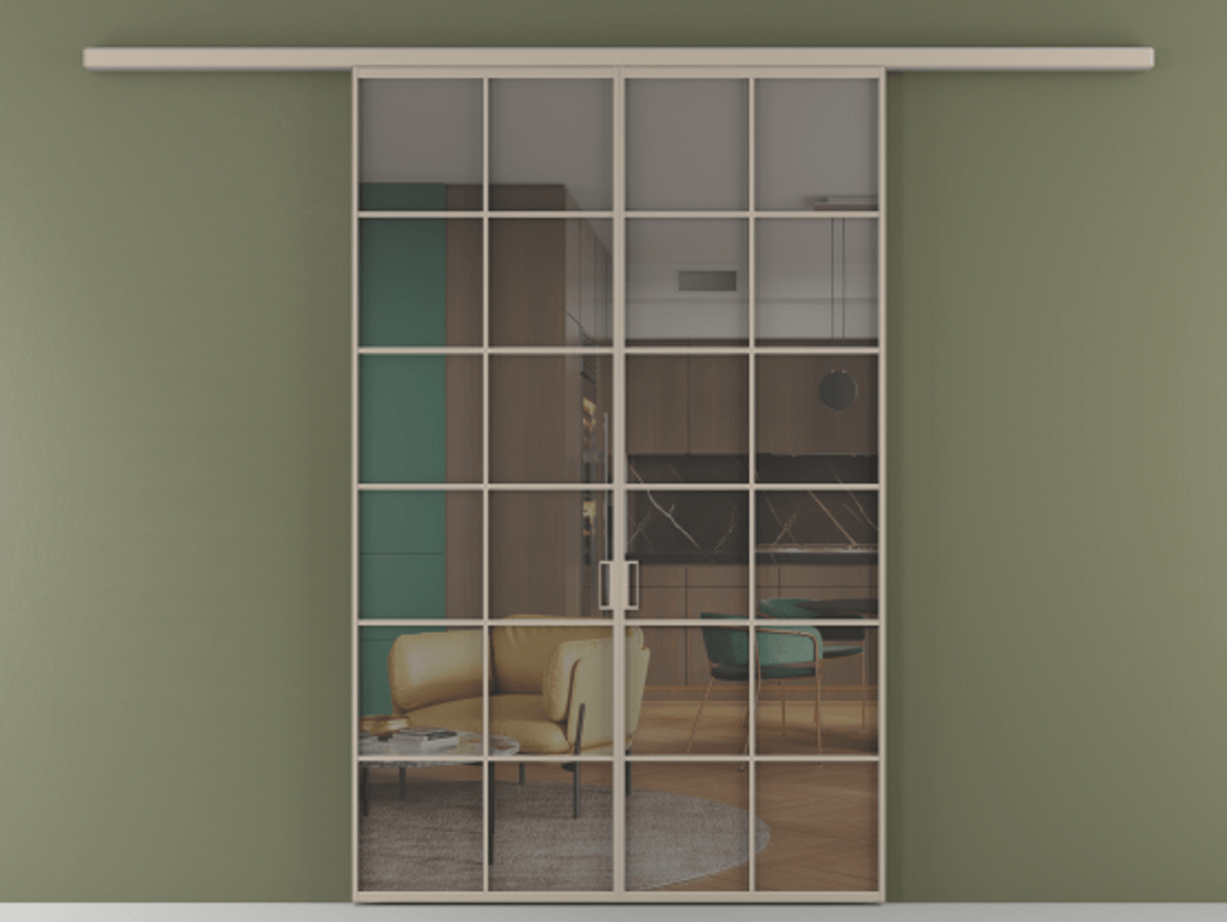 Перегородка Формато вдоль стены 2 створки АЛПР 040.05 Алюминий бисквитный Прозрачное серое стекло, триплекс Цена 11080 Br | Volhovec