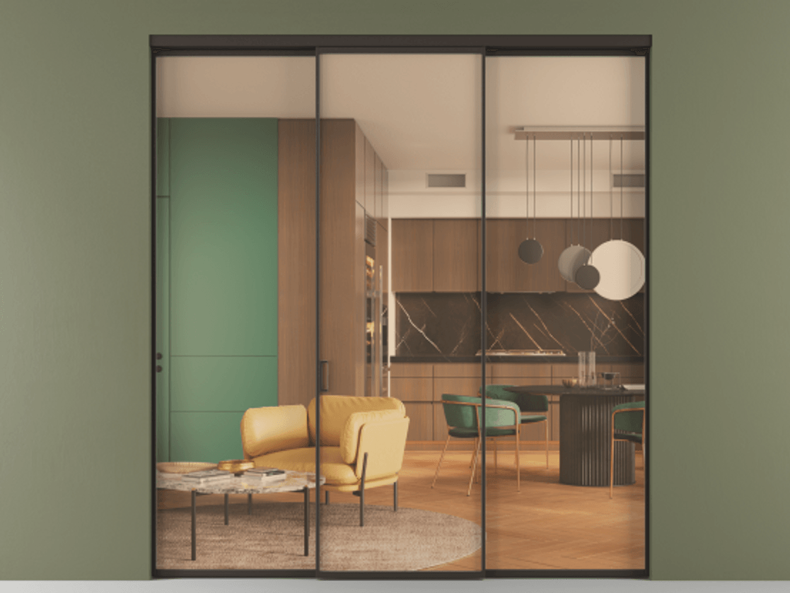 Перегородка Формато внутри проёма 3 створки АЛПР 040.01 Алюминий антрацит Прозрачное оранжевое стекло, триплекс Цена 12000 Br | Volhovec