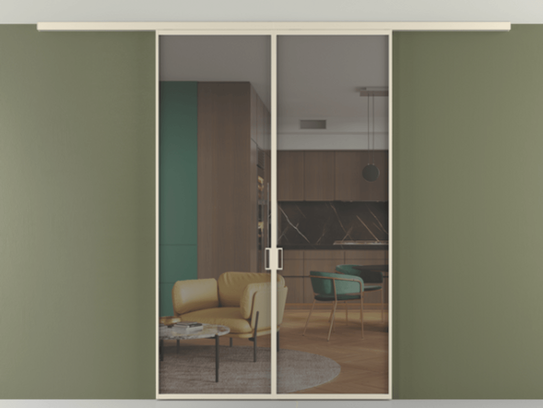 Перегородка Формато вдоль стены на потолок 2 створки АЛПР 040.01 Алюминий бежево-серый Прозрачное серое стекло, триплекс Цена 11550 Br | Volhovec