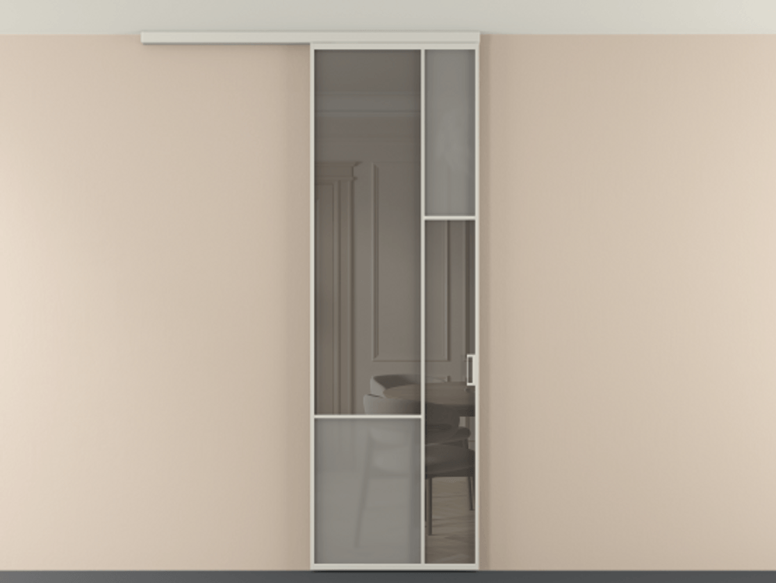 Перегородка Мозаик вдоль стены на потолок 1 створка АЛПР 041.12 Алюминий тёплый серый Сатинированное серое стекло, триплекс, 6 мм + Прозрачное серое стекло, триплекс Цена 7220 Br | Volhovec