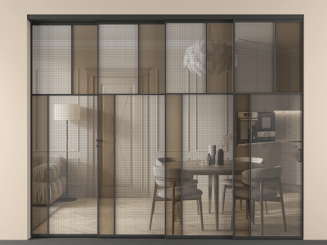 Перегородка Mosaic внутри проема телескопик синхро-4 АЛПР 041.22 Алюминий Черный Mesh silver + Бронза прозрачное триплекс Цена 29010 Br | Volhovec