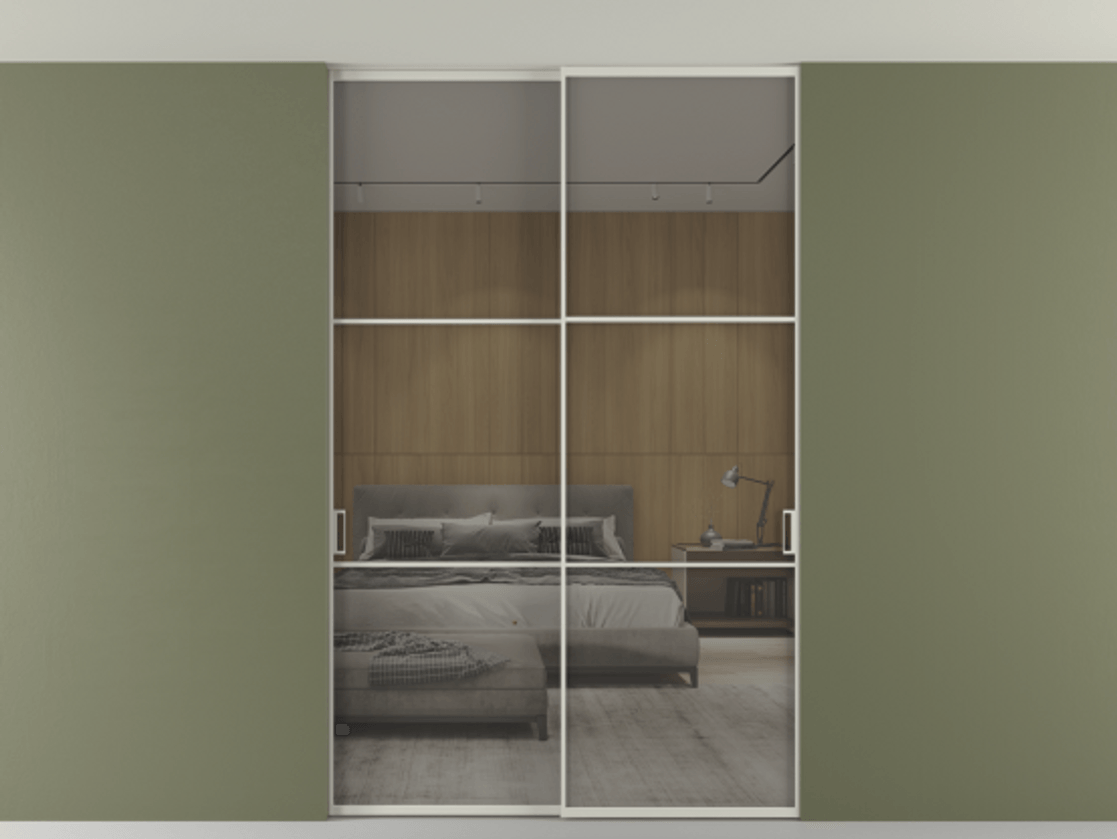 Перегородка Formato внутри проёма скрытое крепление в потолок 2 створки АЛПР 040.03 Алюминий тёплый серый Рефлективное серое стекло "Stopsol", калёное Цена 16340 Br | Volhovec