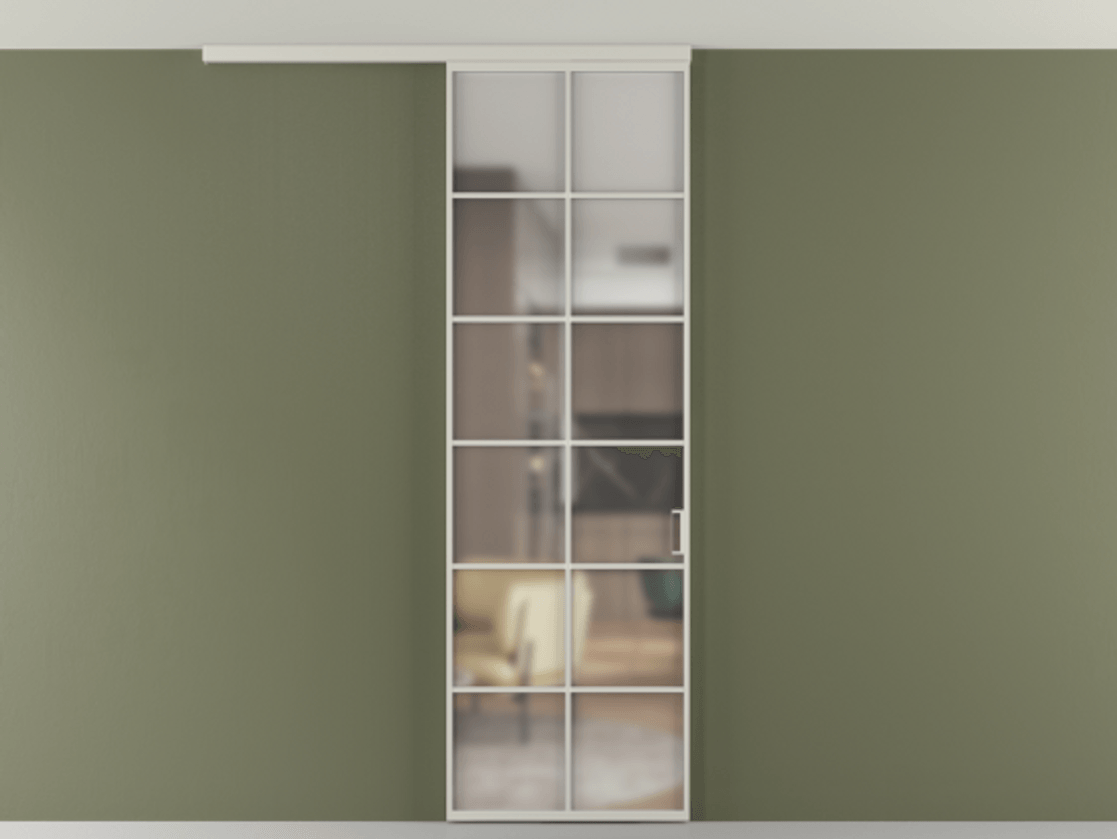 Перегородка Формато вдоль стены на потолок 1 створка АЛПР 040.05 Алюминий тёплый серый Сатинированное стекло "Мателюкс Кристал Вижн", калёное, матовое, каленое 6 мм Цена 7170 Br | Volhovec