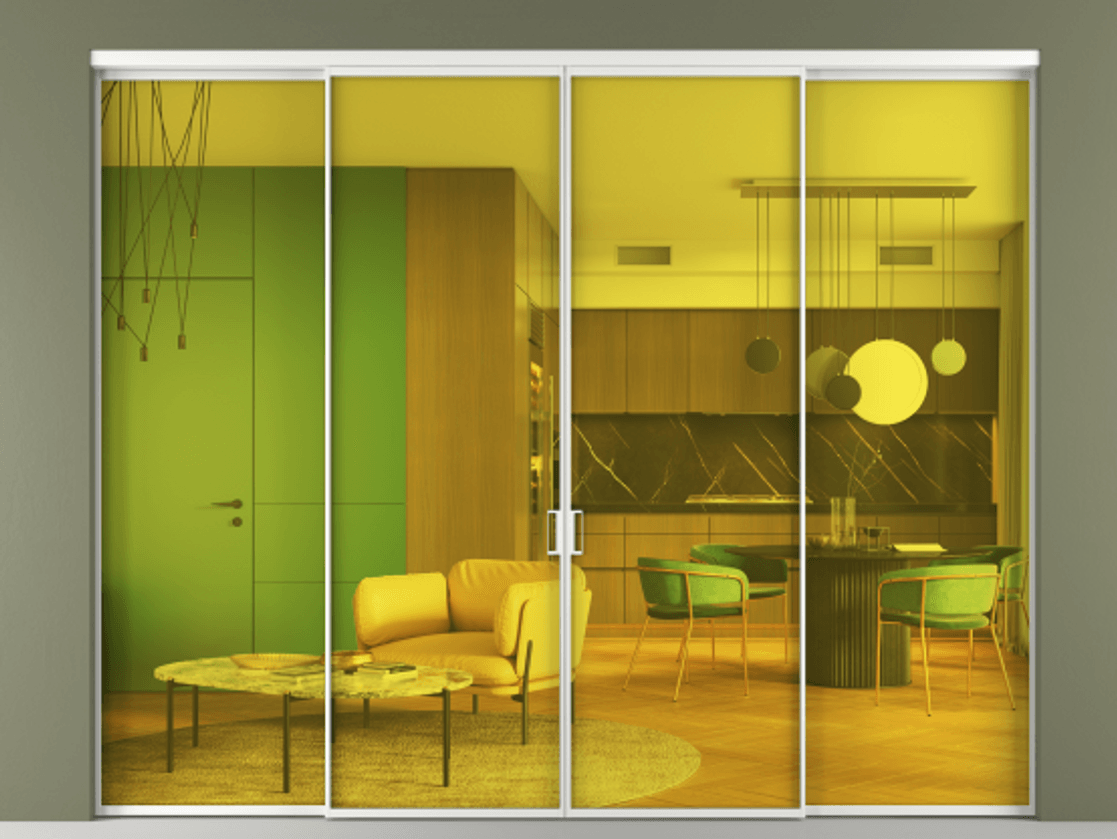 Перегородка Формато внутри проёма 4 створки АЛПР 040.01 Алюминий белоснежный Прозрачное жёлтое стекло, триплекс Цена 17100.8937 Br  | Volhovec