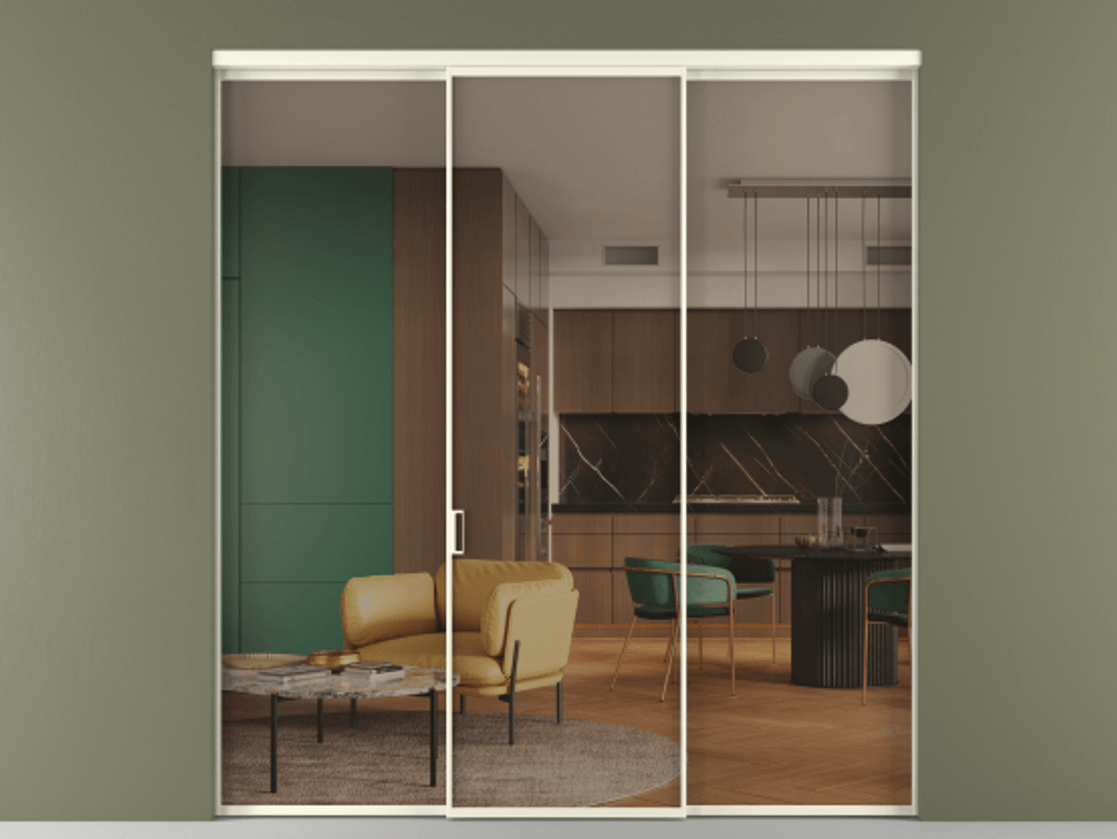 Перегородка Формато внутри проёма 3 створки АЛПР 040.01 Алюминий молочно-белый Прозрачное бронзовое стекло, триплекс Цена 12040 Br | Volhovec