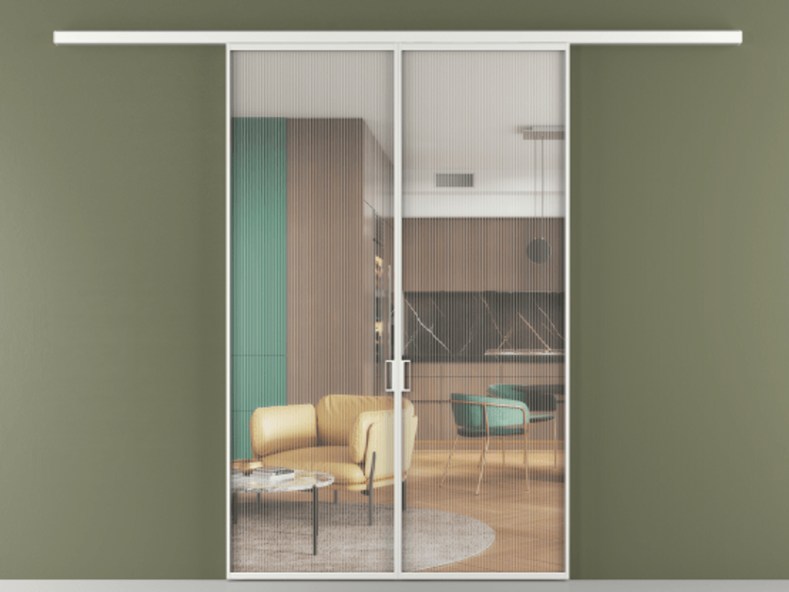 Перегородка Формато вдоль стены 2 створки АЛПР 040.01 Алюминий белоснежный Рифлёное стекло "Мору", триплекс Цена 10660 Br | Volhovec