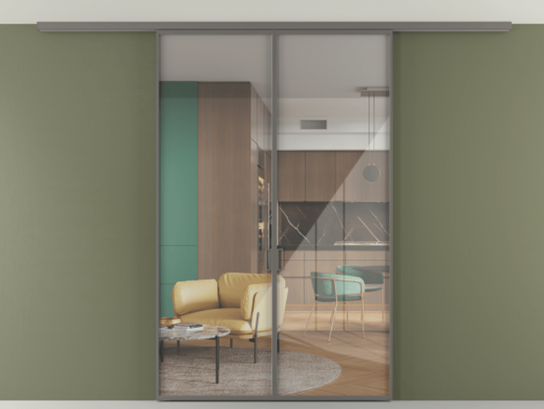 Перегородка Формато вдоль стены на потолок 2 створки АЛПР 040.01 Алюминий классический серый Рефлективное прозрачное стекло "Стопсол", калёное Цена 10600 Br | Volhovec