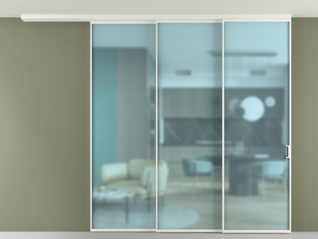 Перегородка Формато вдоль стены на потолок 3 створки с синхронным механизмом АЛПР 040.01 Алюминий светло-серый Сатинированное голубое стекло, триплекс Цена 19800 Br | Volhovec