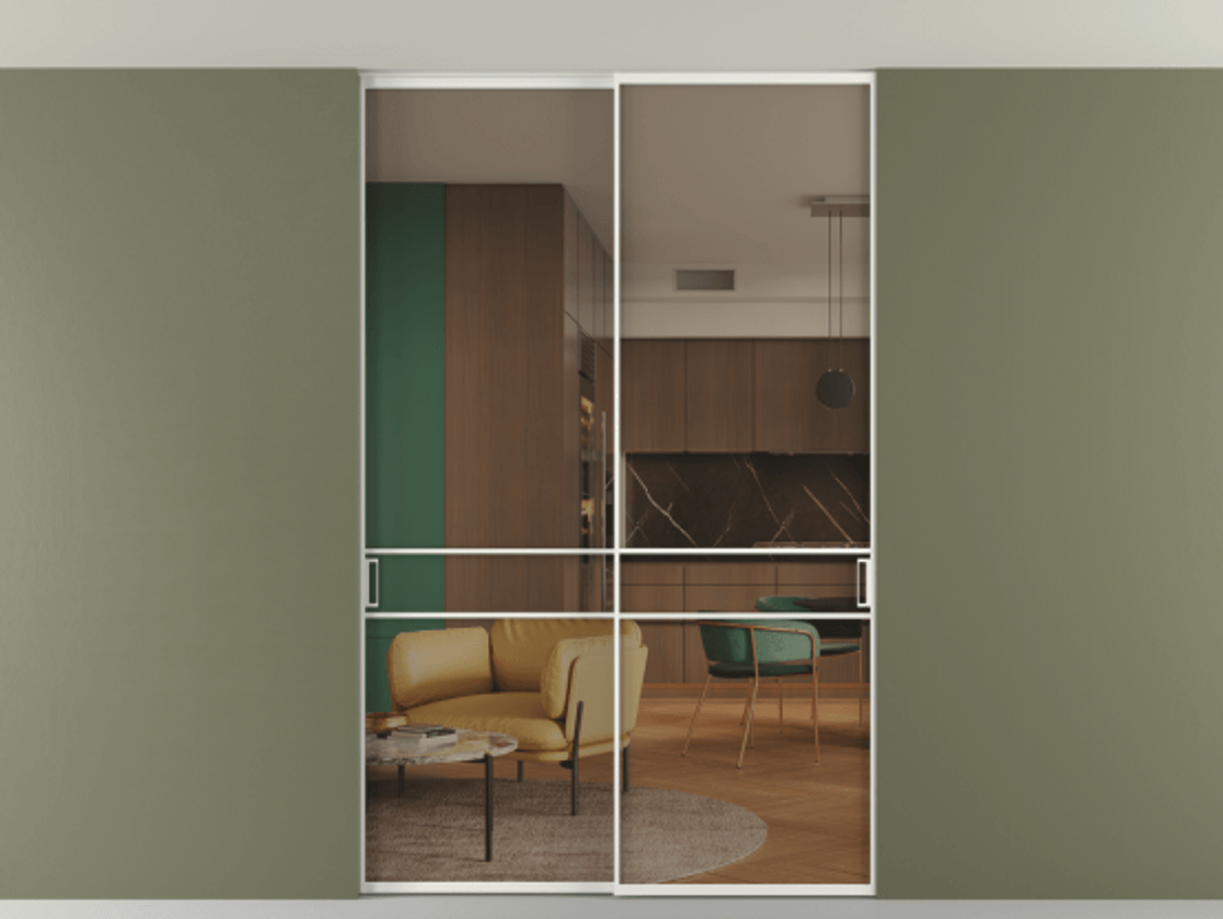 Перегородка Formato внутри проёма скрытое крепление в потолок 2 створки АЛПР 040.02 Алюминий светло-серый Прозрачное бронзовое стекло, триплекс Цена 13710 Br | Volhovec