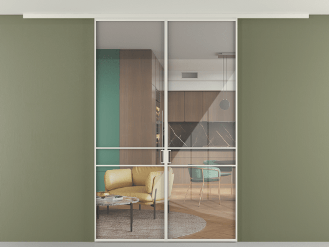 Перегородка Формато вдоль стены на потолок 2 створки АЛПР 040.02 Алюминий Белый Рефлективное прозрачное стекло "Стопсол", калёное Цена 12560 Br | Volhovec