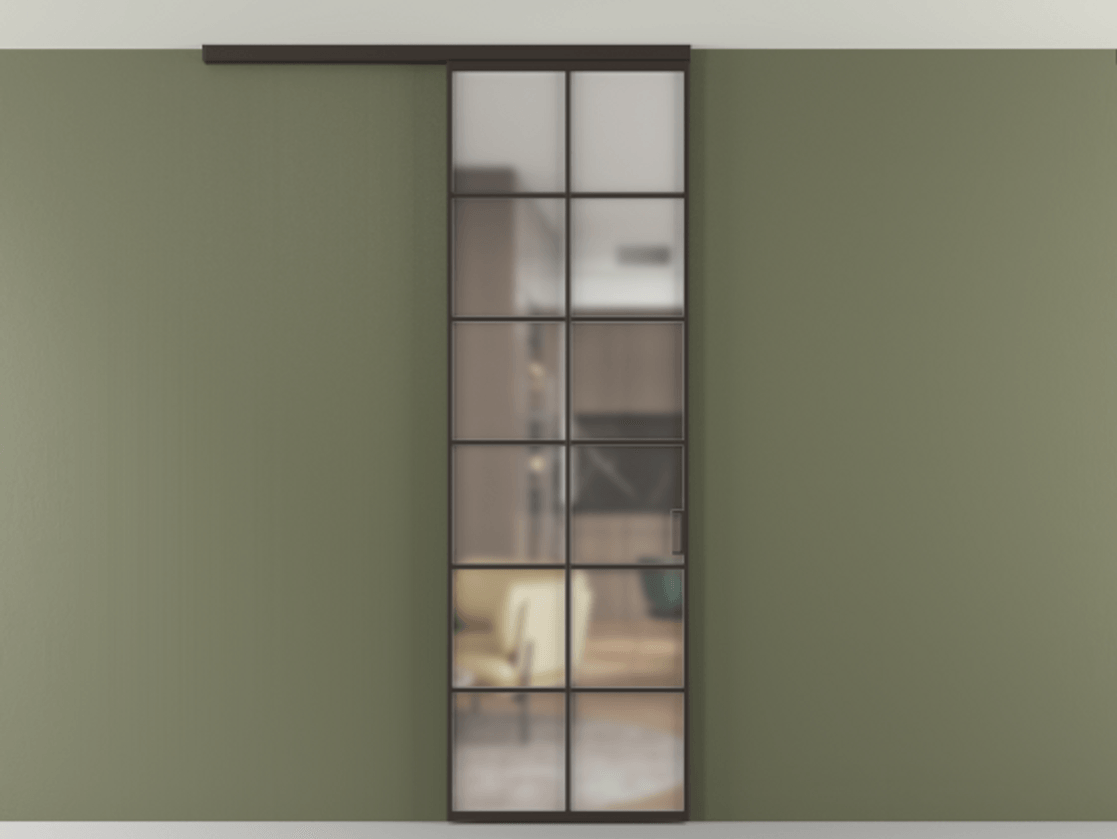 Перегородка Формато вдоль стены на потолок 1 створка АЛПР 040.05 Алюминий антрацит Сатинированное стекло "Мателюкс Кристал Вижн", калёное, матовое, каленое 6 мм Цена 7170 Br | Volhovec