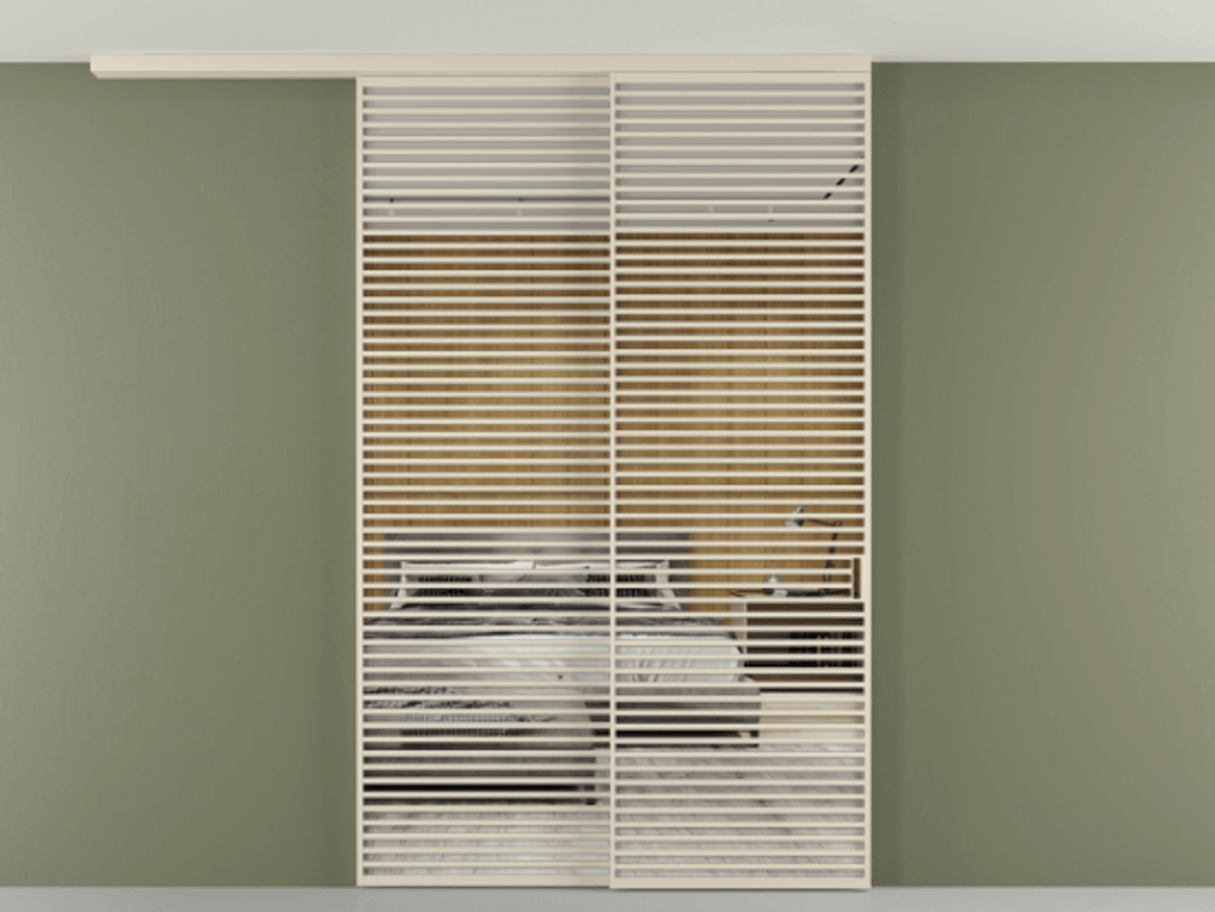 Перегородка Формато вдоль стены на потолок 2 створки с синхронным механизмом АЛПР 040.07 Алюминий бежево-серый Двустороннее зеркало, триплекс , триплекс 6 мм Цена 28160 Br | Volhovec