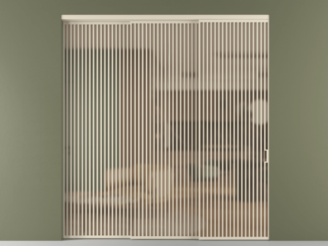 Перегородка Formato внутри проёма 3 створки с синхронным механизмом АЛПР 040.06 Алюминий бежево-серый Сатинированное оранжевое стекло, триплекс Цена 31000 Br  | Volhovec