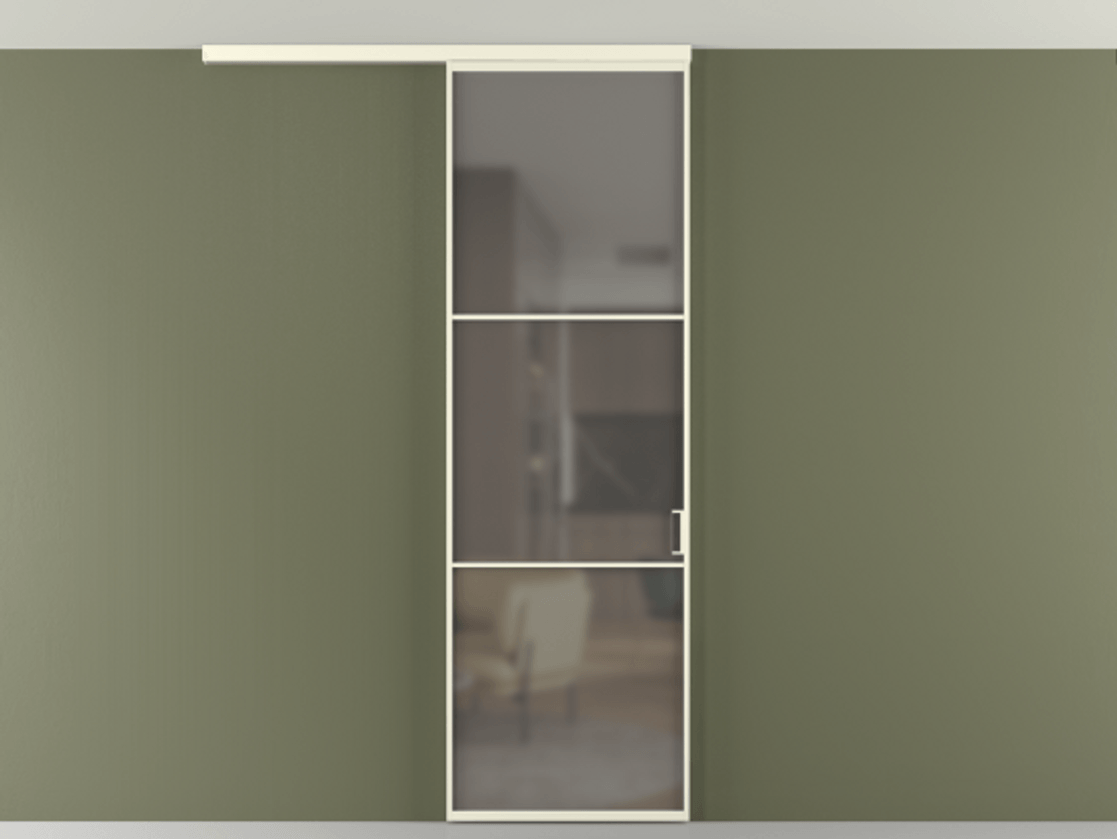 Перегородка Формато вдоль стены на потолок 1 створка АЛПР 040.03 Алюминий молочно-белый Сатинированное серое стекло, триплекс Цена 5180 Br | Volhovec