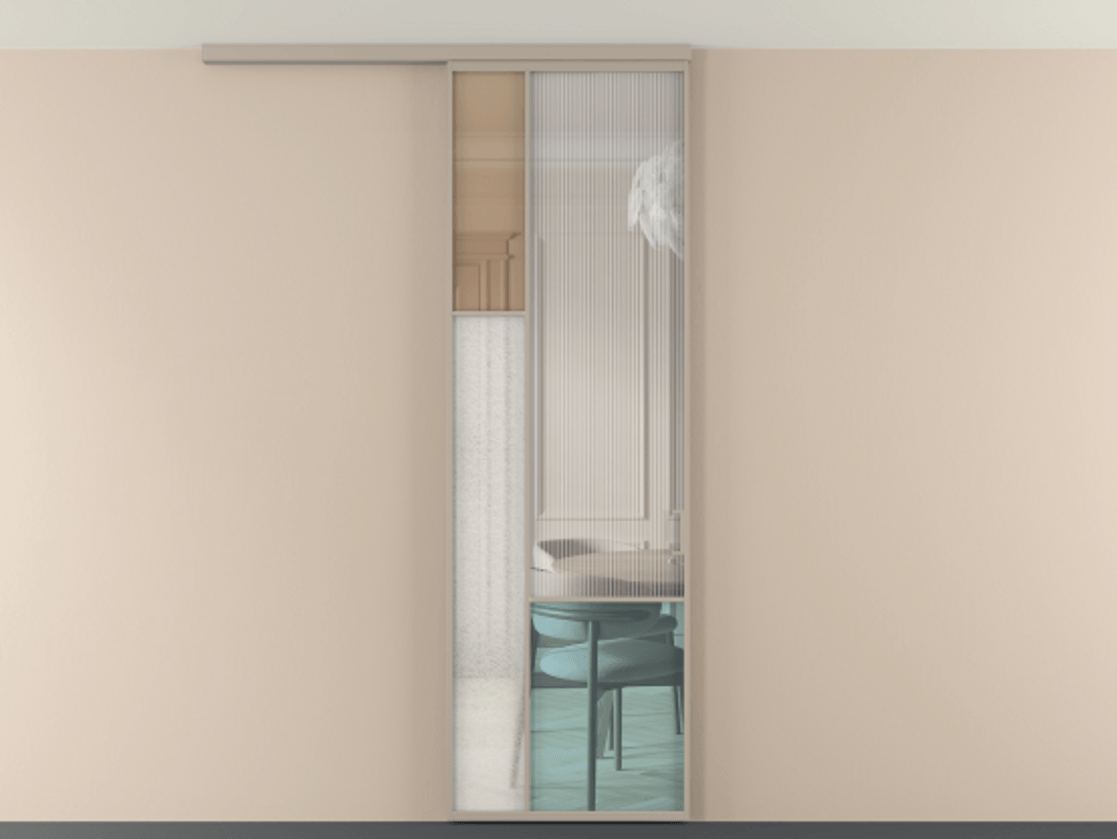 Перегородка Мозаик вдоль стены на потолок 1 створка АЛПР 041.13 Алюминий бисквитный Комбинация стекол Группы 1 и Группы 3 Цена 7500 Br | Volhovec