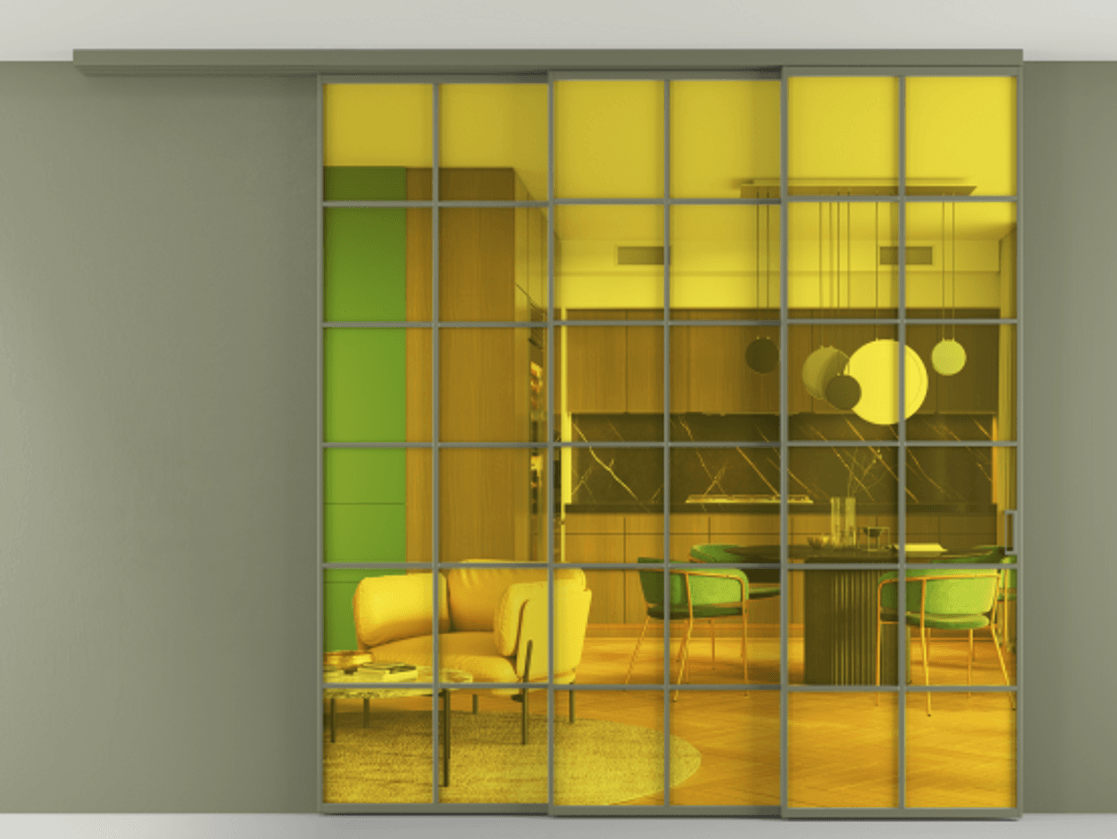 Перегородка Formato вдоль стены на потолок 3 створки с синхронным механизмом АЛПР 040.05 Алюминий оливковый тёмный Прозрачное жёлтое стекло, триплекс Цена 22300 Br | Volhovec