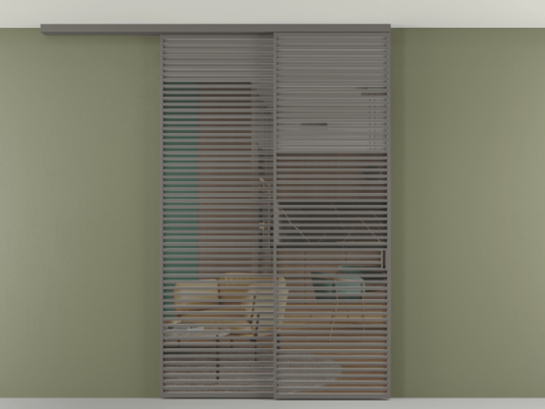 Перегородка Формато вдоль стены на потолок 2 створки с синхронным механизмом АЛПР 040.07 Алюминий классический серый Прозрачное серое стекло, триплекс Цена 23070 Br | Volhovec