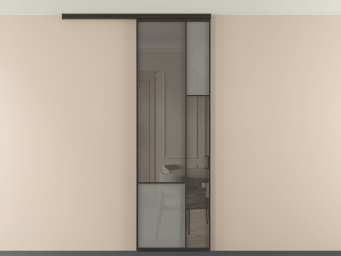 Перегородка Мозаик вдоль стены на потолок 1 створка АЛПР 041.12 Алюминий антрацит Сатинированное серое стекло, триплекс, 6 мм + Прозрачное серое стекло, триплекс Цена 7220 Br | Volhovec