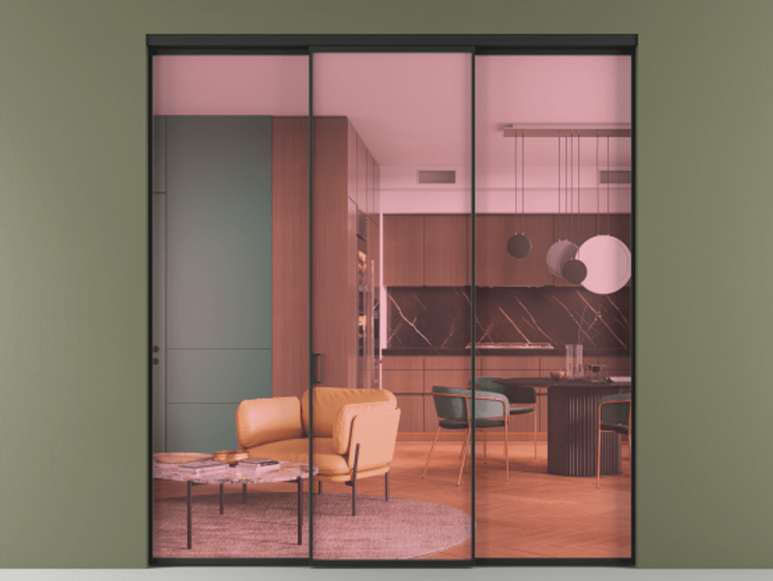 Перегородка Formato внутри проёма 3 створки АЛПР 040.01 Алюминий Черный Прозрачное розовое стекло, триплекс Цена 11600 Br | Volhovec